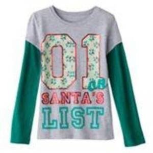 Girls Christmas Shirt 10/12 Mudd #1 ON SANTAS LIST Gray Green Long Sleeve